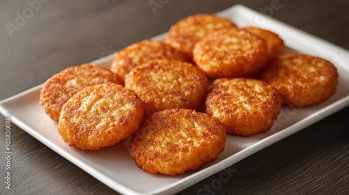 A white rectangular plate of golden brown fried rice cakes on a wooden table.