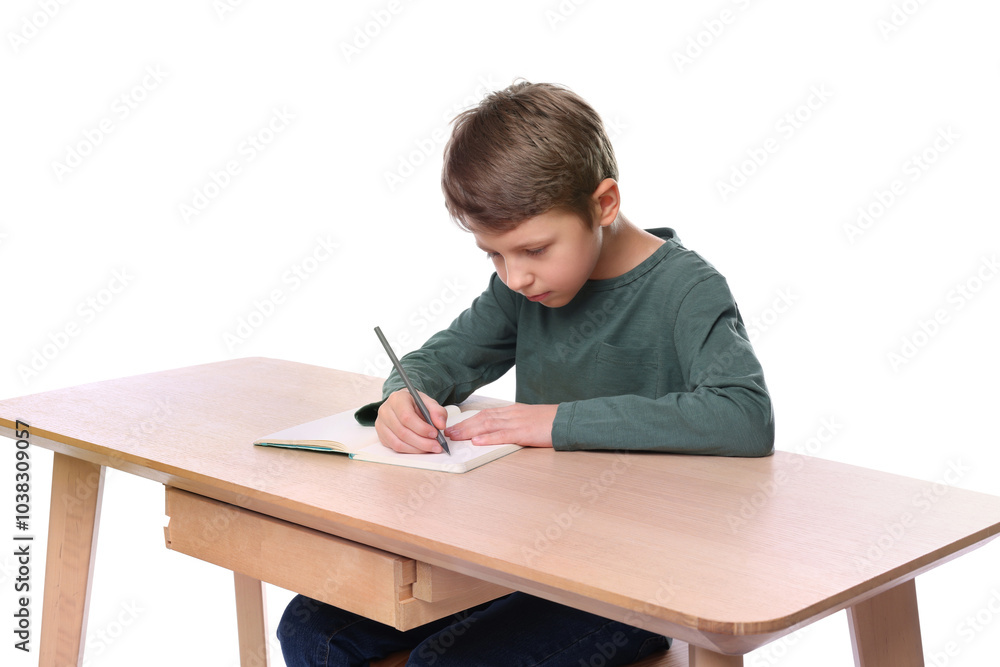 Boy with incorrect posture and notebook at wooden desk on white background Boy with incorrect posture and notebook at wooden desk on white background