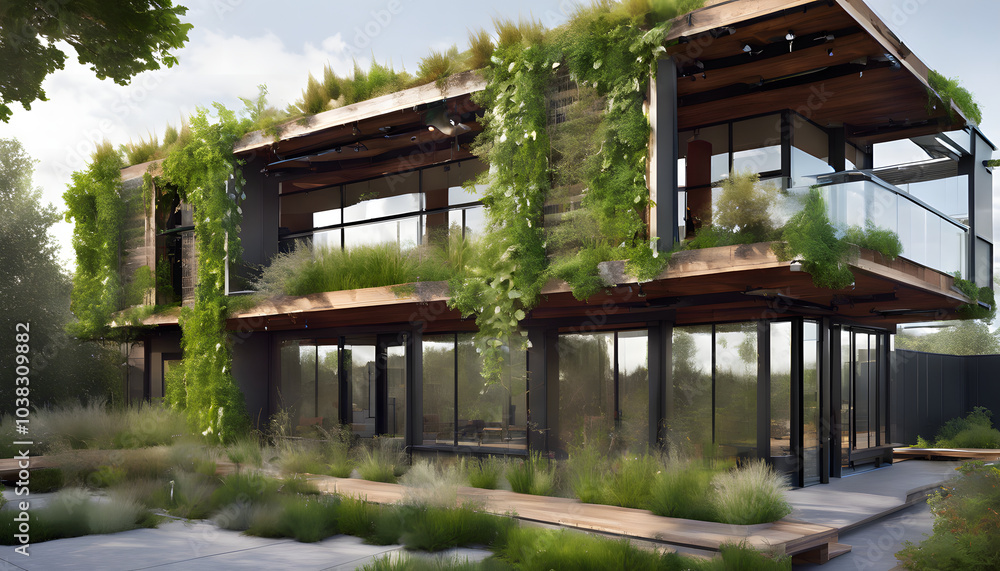 Sustainable building with solar panels, green wall, large windows, and reclaimed materials. Sustainable building with solar panels, green wall, large windows, and reclaimed materials.