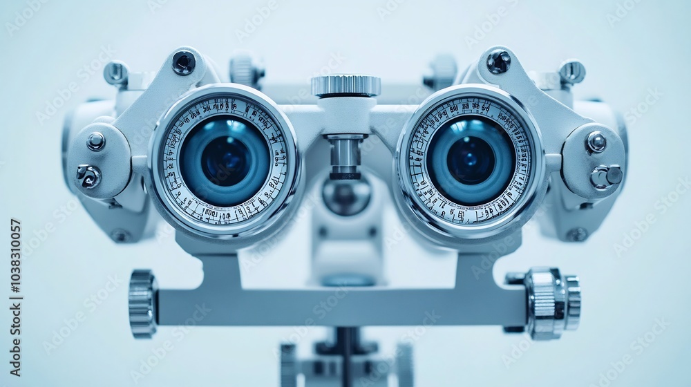 Phoropter eyesight measurement machine in focus with a clean backdrop representing eye health check An ophthalmology concept for a Health Day web banner with copy space for text or messaging Phoropter eyesight measurement machine in focus with a clean backdrop representing eye health check An ophthalmology concept for a Health Day web banner with copy space for text or messaging
