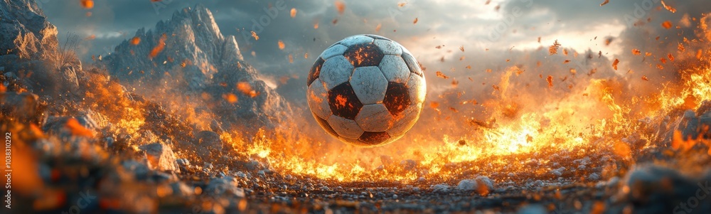 Naklejka premium Flames are flying around a soccer ball in a stadium