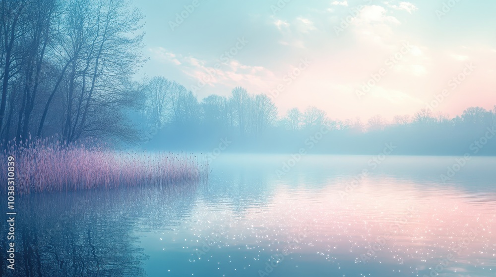 Soft pastel Spring background, water of iridescent pastel colors in the fog and mist. Spring dew on the lake. Illustration. Generative AI. Soft pastel Spring background, water of iridescent pastel colors in the fog and mist. Spring dew on the lake. Illustration. Generative AI.