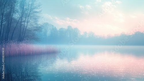 Soft pastel Spring background, water of iridescent pastel colors in the fog and mist. Spring dew on the lake. Illustration. Generative AI.