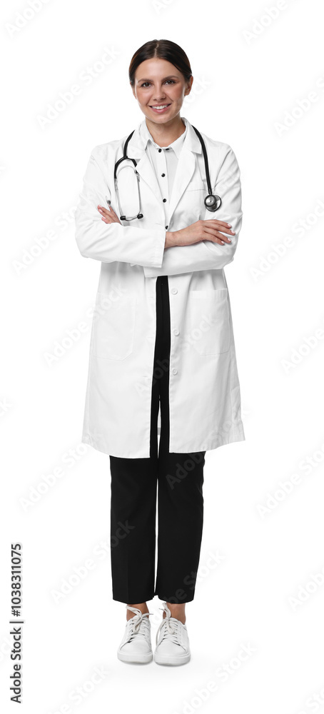 Smiling healthcare worker with stethoscope on white background Smiling healthcare worker with stethoscope on white background