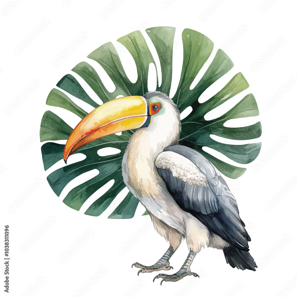 Fototapeta premium Watercolor toucan bird with green tropical leaves Animal hand drawn illustration on white background