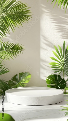 Tropical minimalism: white podium surrounded by lush palm and monstera leaves, casting soft shadows on a neutral wall. Perfect for product display or spa concept.