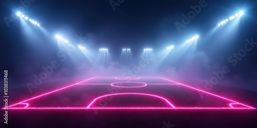 A futuristic neon-lit football field, shrouded in mist, showcasing dynamic lighting and an innovative design for sports events and promotions.