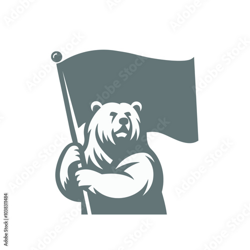 Bear holding and waving a flag. Isolated vector illustration