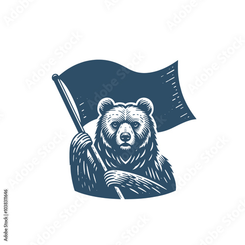 Bear holding and waving a flag. Isolated vector illustration