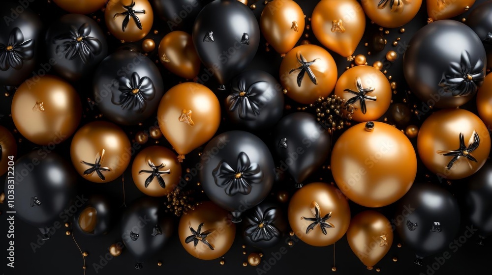 A bunch of balloons with black and gold colors A bunch of balloons with black and gold colors