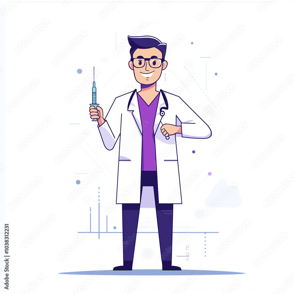 Friendly male doctor holding syringe and gesturing with smile in modern healthcare design