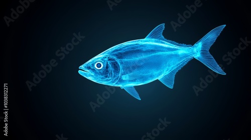 Transparent fish illustration on dark background, showcasing intricate anatomical features.