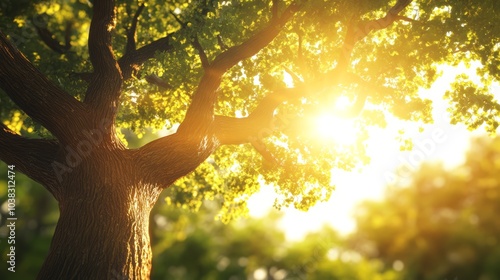 Tree branches with sunlight shining through the leaves, nature in full bloom.