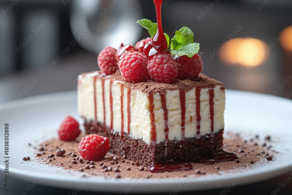 Piece of cake with raspberries on top Piece of cake with raspberries on top