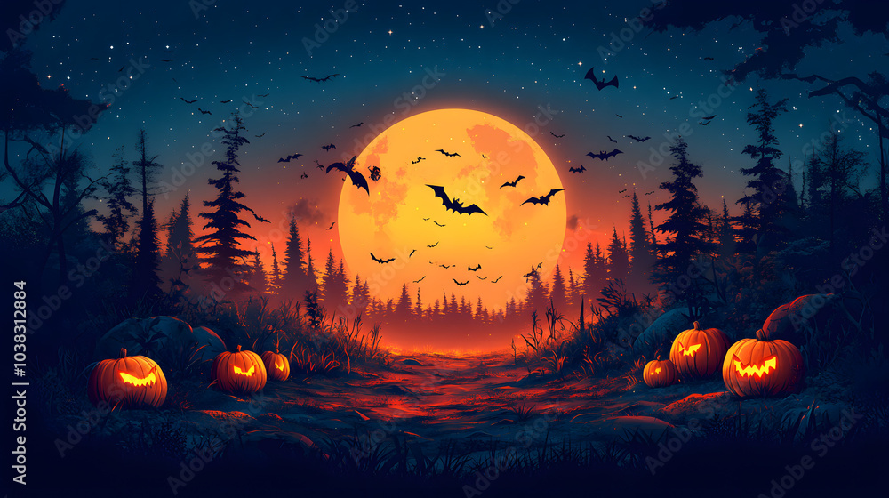 Halloween Background with Pumpkins, Bats, and Trees – A Spooky and Whimsical Scene Perfect for Your Seasonal Designs. Embrace the Spirit of Halloween with This Vibrant Vector Art!
Halloween Background with Pumpkins, Bats, and Trees – A Spooky and Whimsical Scene Perfect for Your Seasonal Designs. Embrace the Spirit of Halloween with This Vibrant Vector Art!