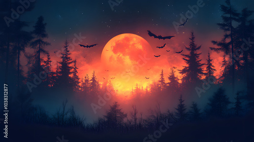 Halloween Background with Pumpkins, Bats, and Trees – A Spooky and Whimsical Scene Perfect for Your Seasonal Designs. Embrace the Spirit of Halloween with This Vibrant Vector Art! 