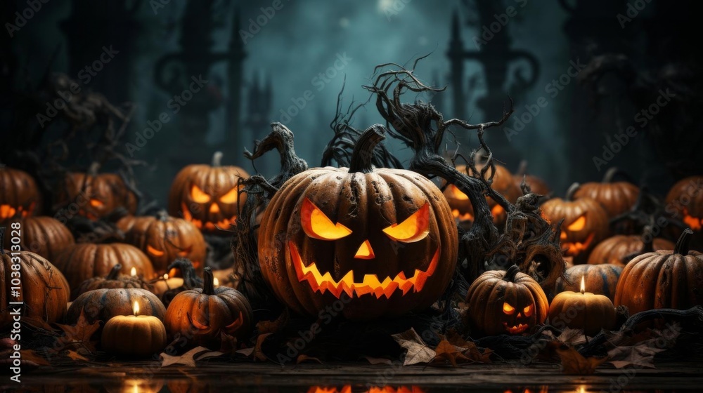 Fototapeta premium A large pumpkin with a scary face is surrounded by many other pumpkins