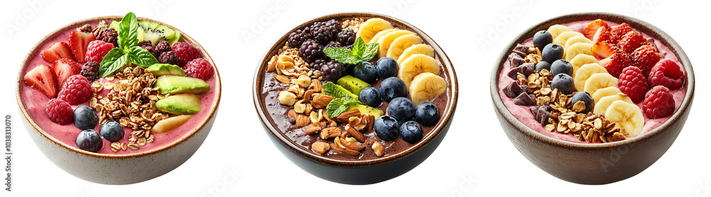 Assorted Fruit Bowls for Healthy Lifestyle Imagery on Transparent Background