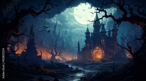 A dark and eerie scene with a castle in the background