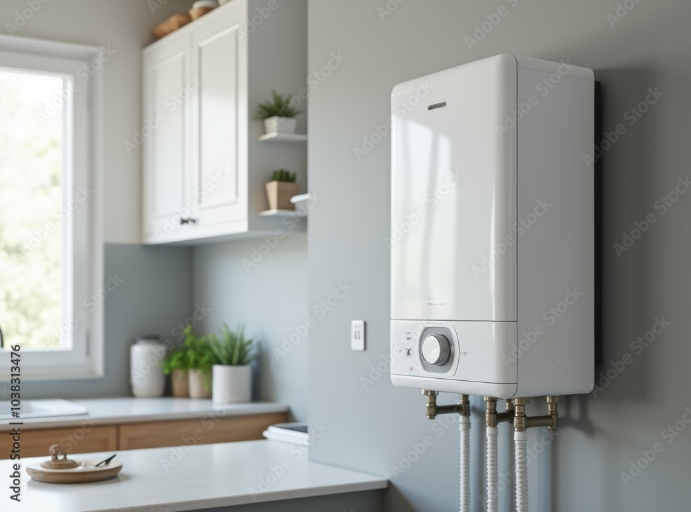 Modern home gas boiler, water heater placed in apartment. White modern home gas copper mounted on a grey wall on a kitchen. Water heater. Water heating, ecology.