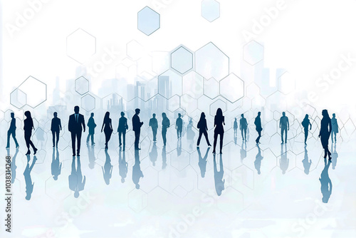 A business network, with simple figures and hexagons on a transparent background