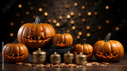 A group of pumpkins with faces carved into them sit on a table photo