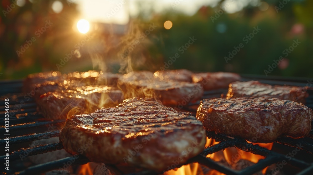 Grilling juicy steaks over an open flame in a backyard barbecue setting at sunset Grilling juicy steaks over an open flame in a backyard barbecue setting at sunset