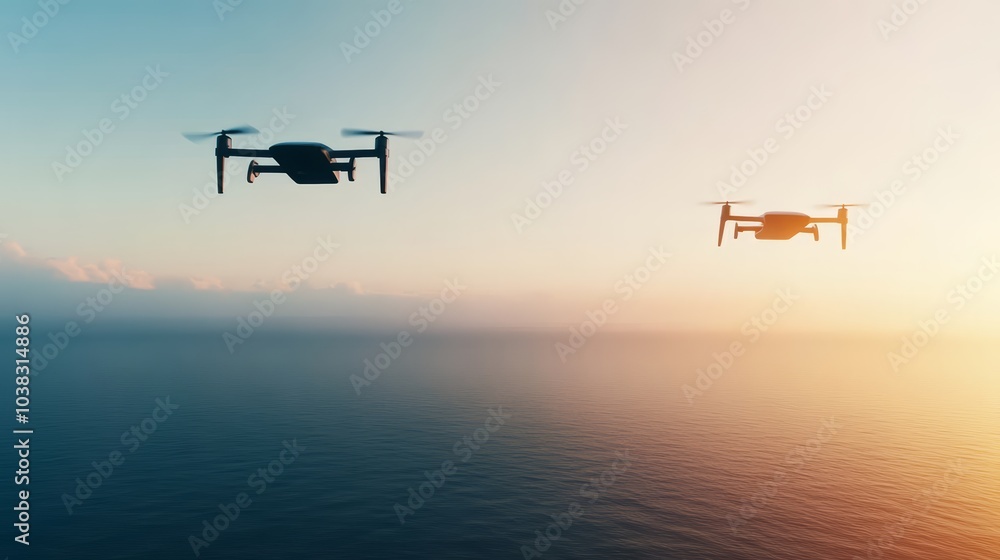 Two drones soaring over a calm ocean during a beautiful sunset. Two drones soaring over a calm ocean during a beautiful sunset.