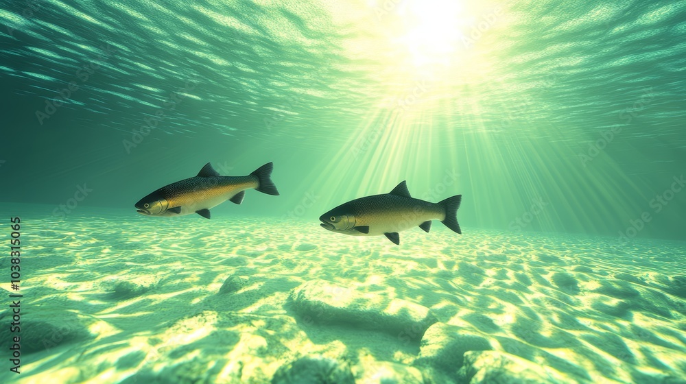 Fototapeta premium Two fish swimming underwater with sun rays penetrating the surface.
