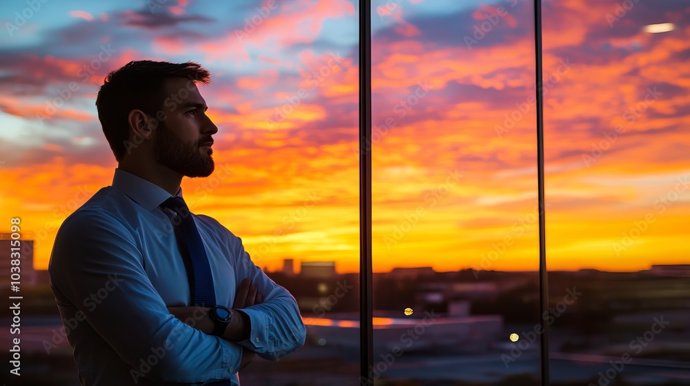 Fototapeta premium Businessman in Office Portrait with Large Glass Windows Against a Sunset Backdrop