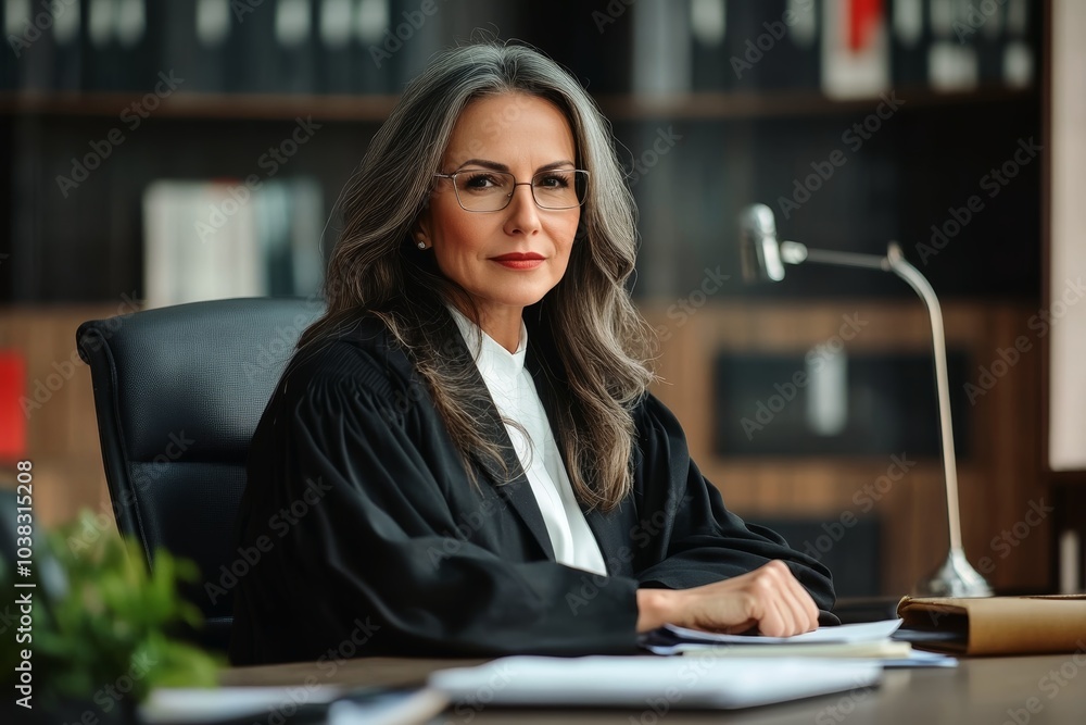A female judge at work at her desk. A female judge at work at her desk.