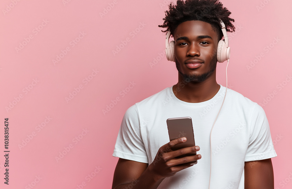 Black man in a white T-shirt using a smartphone and wearing headphones, isolated on a pink background Black man in a white T-shirt using a smartphone and wearing headphones, isolated on a pink background