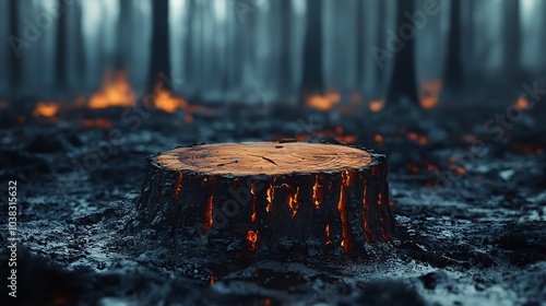 Poignant scene of a burnt tree stump standing in a charred forest showcasing the remnants of a wildfire highlighting deforestation and the severe environmental damage caused by forest fires photo