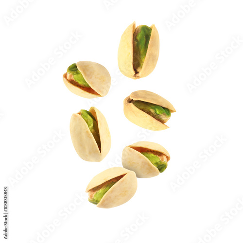 Tasty pistachios in air on white background