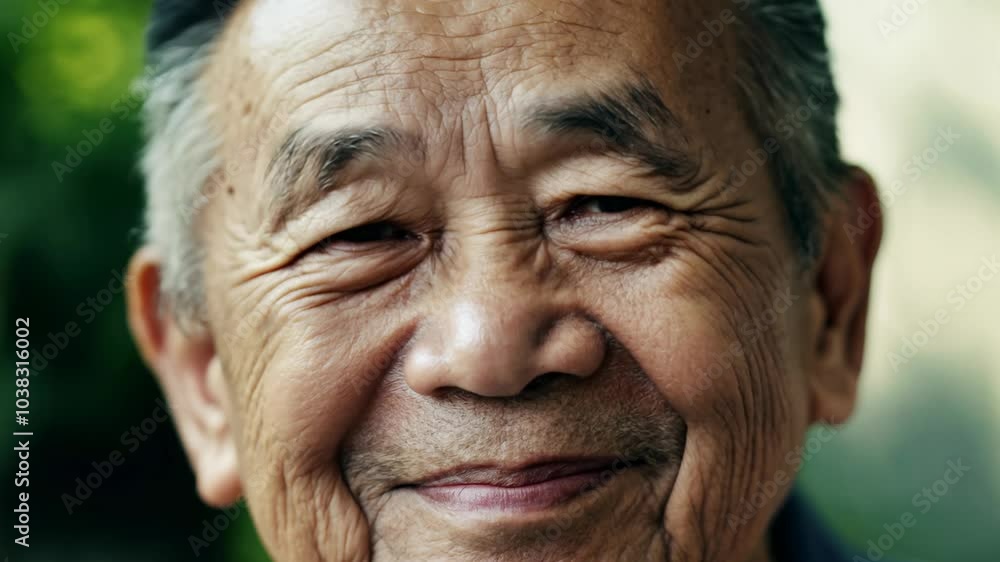 Close-up video of an elderly Asian man with wrinkles expressing contentment, gentle smile, natural window light, static video. Close-up video of an elderly Asian man with wrinkles expressing contentment, gentle smile, natural window light, static video.