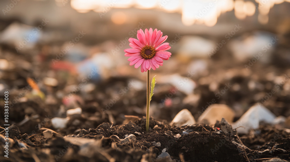 A single pink flower blooming amidst trash nature's resilience in urban decay A single pink flower blooming amidst trash nature's resilience in urban decay