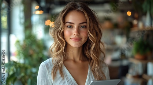 Wallpaper Mural Poised businesswoman stands confidently with a digital tablet in hand surrounded by a modern office interior featuring clean lines and techforward design radiating success and professionalism Torontodigital.ca