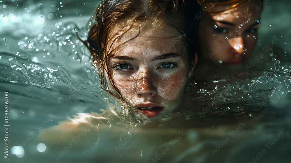 The face of a girl with freckles is barely visible from the water, her direct gaze and the sun's glare on her skin create an atmosphere of mystery and natural beauty. The face of a girl with freckles is barely visible from the water, her direct gaze and the sun's glare on her skin create an atmosphere of mystery and natural beauty.