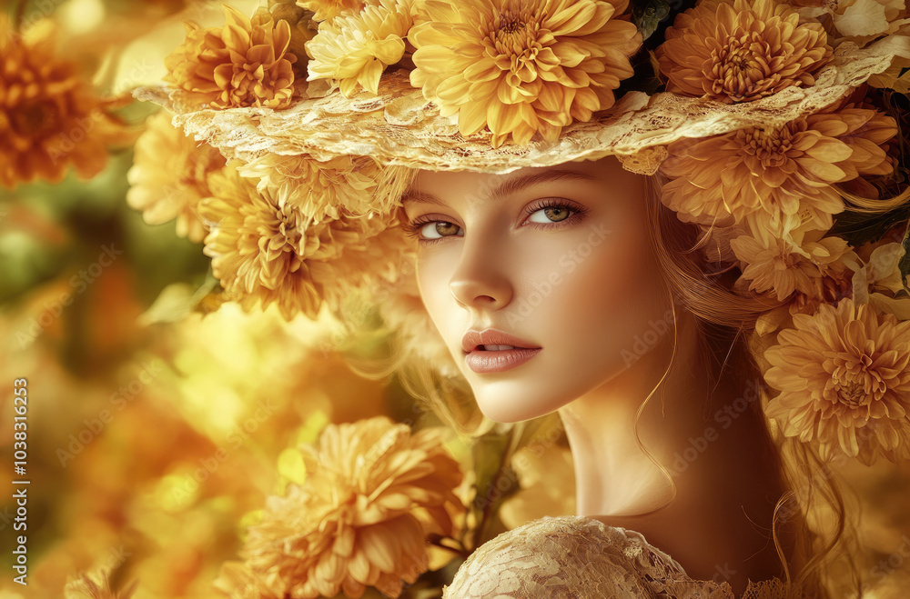 A beautiful woman wearing an elaborate hat made of yellow flowers, surrounded by golden chrysanthemums, in the background is a sea of orange and white flower blossoms A beautiful woman wearing an elaborate hat made of yellow flowers, surrounded by golden chrysanthemums, in the background is a sea of orange and white flower blossoms