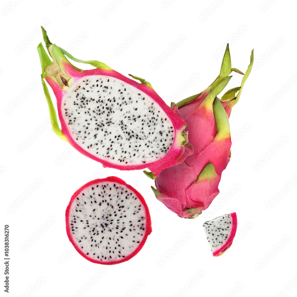 Yummy pitaya fruits in air on white background Yummy pitaya fruits in air on white background
