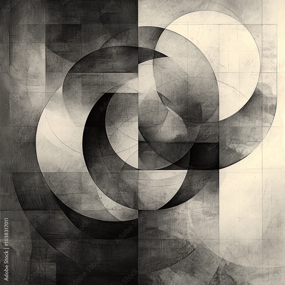 Fototapeta premium black and white abstract with layered circles creating a sense of depth on textured background