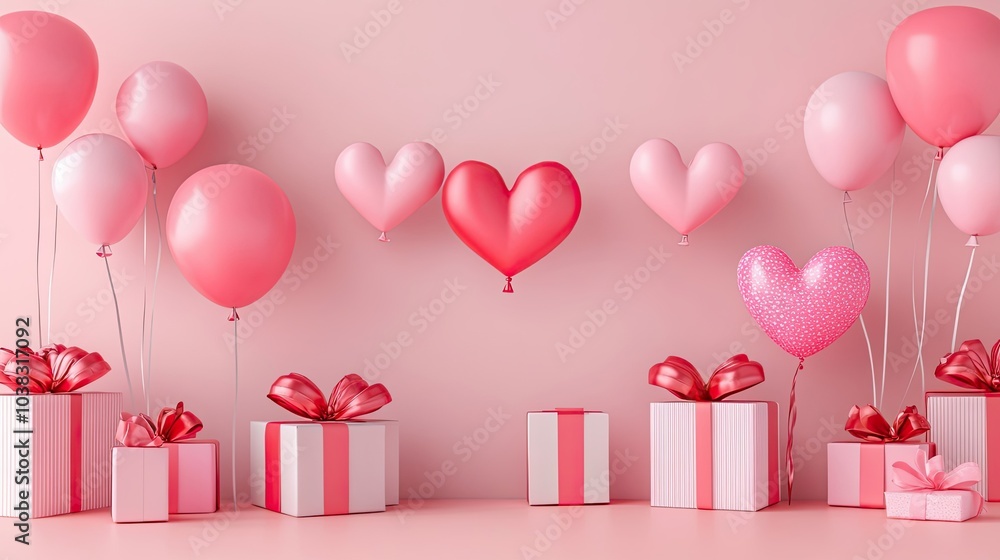 Pink and Red Heart Balloons and Gift Boxes on a Pink Background Pink and Red Heart Balloons and Gift Boxes on a Pink Background