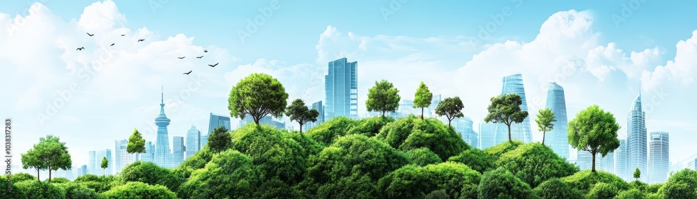 Urban skyline blends with lush greenery under a bright blue sky. Urban skyline blends with lush greenery under a bright blue sky.
