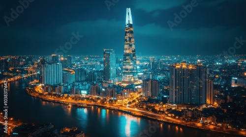 Wallpaper Mural Glowing City Skyline at Night with Illuminated Buildings Torontodigital.ca