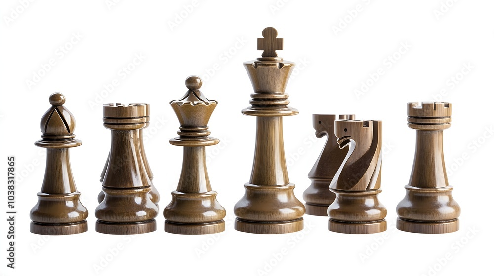 A set of brown wooden chess pieces against a white background. A set of brown wooden chess pieces against a white background.