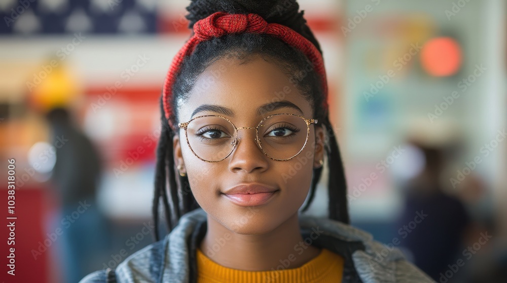 Obraz premium young Black female USA American election voter portrait in front of American flag