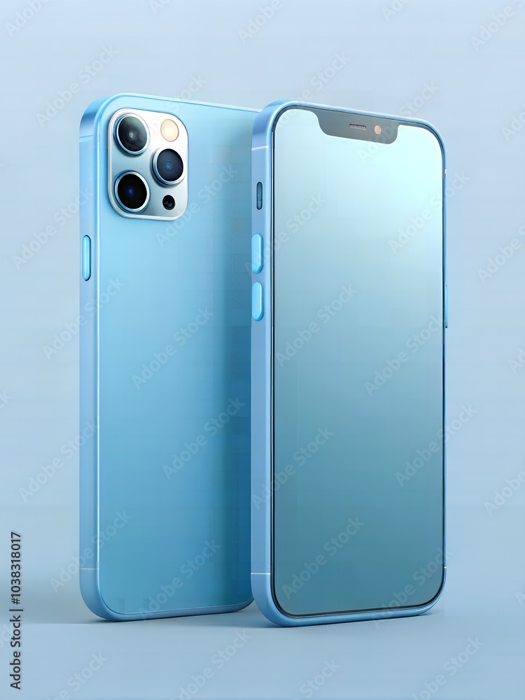 A sleek mockup of the smartphone in blue color with soft blue background
