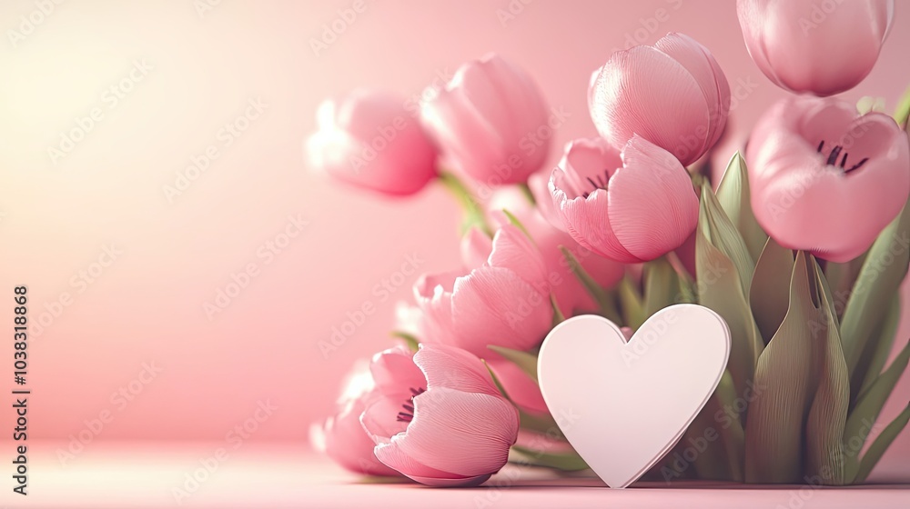 Pink Tulips with a White Heart on a Pink Background Pink Tulips with a White Heart on a Pink Background