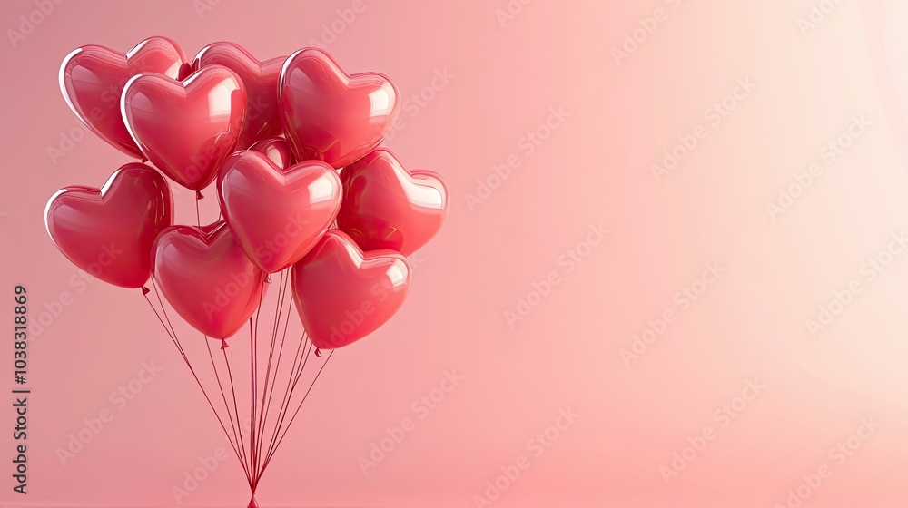 A Bouquet of Shiny Red Heart-Shaped Balloons Against a Pink Background A Bouquet of Shiny Red Heart-Shaped Balloons Against a Pink Background