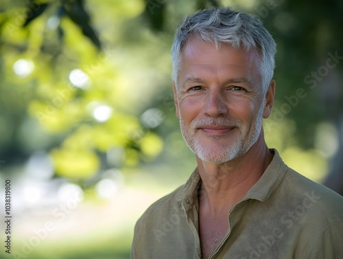 Gray-haired man smiling outdoors in the park